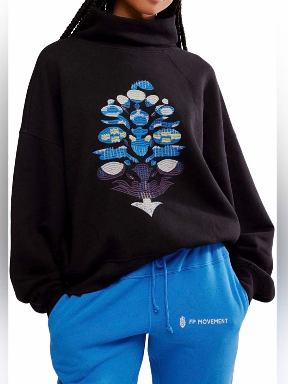 FP Movement Black Funnel-Neck Sweatshirt with Blue & Purple Embroidered Motif